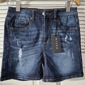 Risen Mid-Rise Distressed Denim Shorts, Dark Wash, Size M (Size 5-7, 28" waist)
